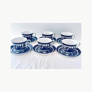 Johnson Brothers Blue Willow Teacup & Saucer Set of 6 Made in England Vintage